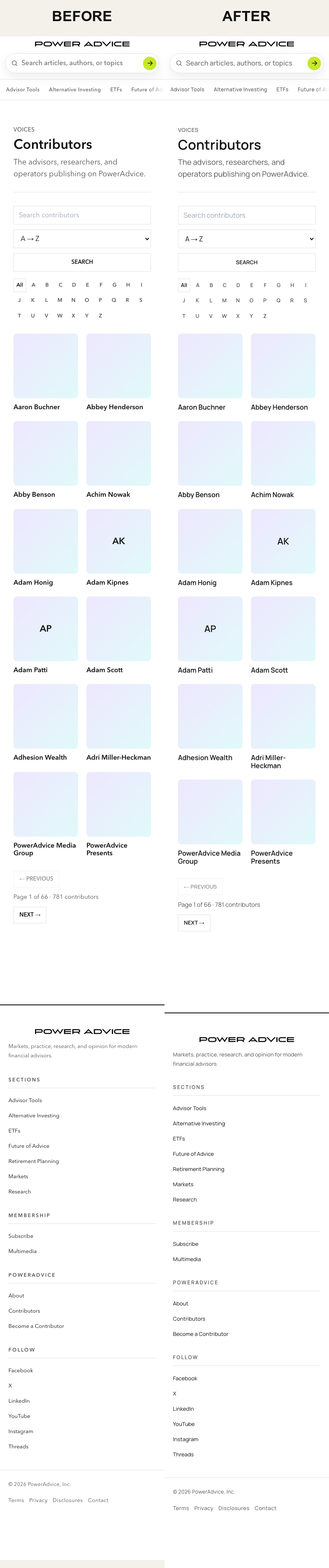 Contributors Mobile before and after side by side